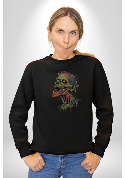 Zombi Kafası Unisex Siyah Baskılı Sweatshirt Siyah