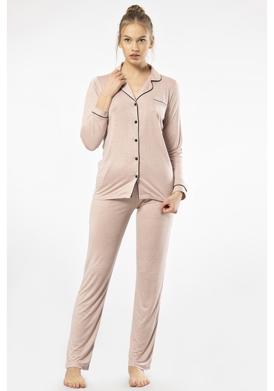 Türen 3365 Kadın Uzun Kollu Gömlek Yaka Pijama Takım-pudra Pudra
