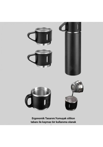 500 Ml 304 Paslanmaz Çelik Isı Korumalı Termos Ve 2 Bardak Seti Silikon Tabanlı Çok Renkli