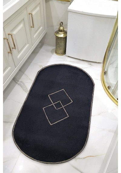 Kaymaz Taban Oval Puffy Peluş Ultra Yumuşak 80x120 Cm Şık Tasarım, Suya Dayanıklı Banyo Paspası Siyah