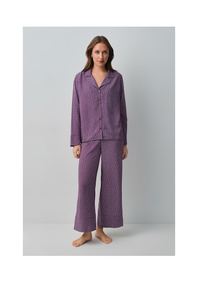 Suwen Vera Gömlek Yaka Pijama Takımı Wsh10510102662 Bordo Desenli