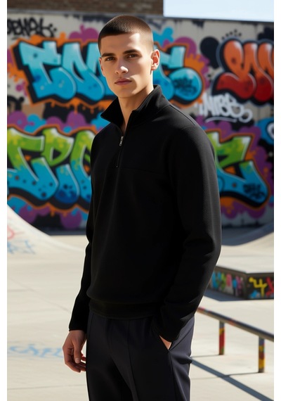 Benerly Erkek Dik Yaka Fermuarlı Standart Kol Polar Sweatshirt Fonksiyone siyah