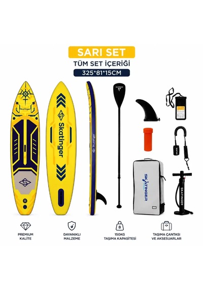 Sarı Set 325 X 82x15 Paddle Board Şişme Sörf Tahtası Full Set