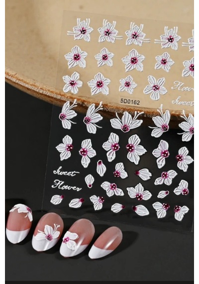 Misyul 5d Tırnak Sticker Yapışkanı Pembe & Beyaz Çiçekli Mıs-3832