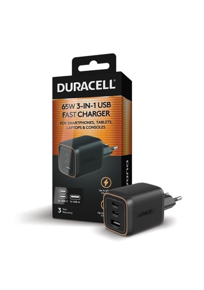 Duracell 65w Pd 2 Usb-c + 1 Usb-a I 3 Port Hızlı Şarj Adaptörü Siyah 65w Şarj Cihazı