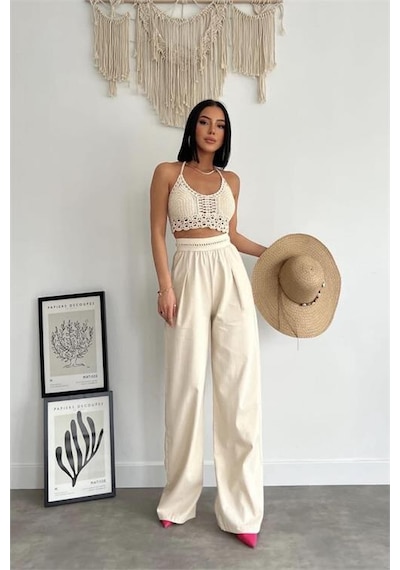 Neşeli Butik Kadın Yıkamalı Pamuk Gabardin Pantolon Nbasp7017 Bej