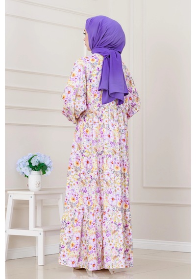 Sevitli Lilyum Çiçekli Elbise-mor-5254 Mor