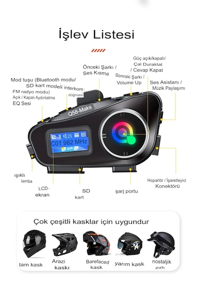 Q58-max Radyolu 2 Kişi Bağlantılı Bluetooth Kask Kulaklık Ekranlı