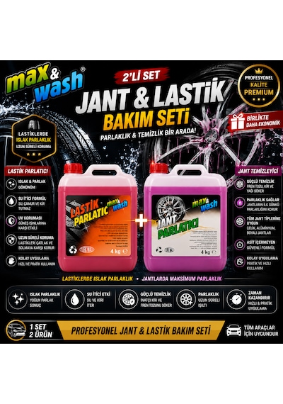 Max&wash 2'li Jant & Lastik Bakım Seti 4+4 Kg Jant Temizleyici + Lastik Parlatıcı Profesyonel Oto Kuaför Bakım Seti