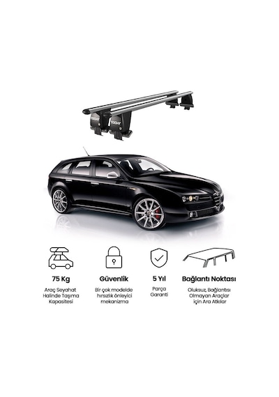 Royal Alfa Romeo 159 2006-2013 Uyumlu Siyah Kilitli Ara Atkı Port Bagaj Tavan Barı