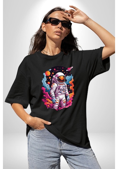 Ay Mars Astronot Pamuklu Bisiklet Yaka Unisex Oversize Boyfriend Dijital Baskılı Siyah T-shirt Siyah