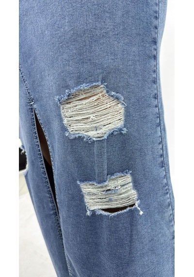 Büyük Beden Denim Kemerli Yırtmaçlı Kalem Etek Mavi