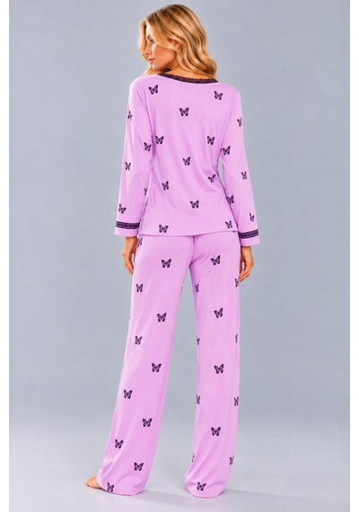 Pijamask Kadın Çiçek Ve Kelebek Desenli V Yaka Düğmeli Uzun Kollu Kaşkorse Pijama Takımı Lila-17 Pijamask Kadın Çiçek Ve Kelebek Desenli V Yaka Düğmeli Uzun Kollu Kaşkorse Pijama Takımı Lila-17