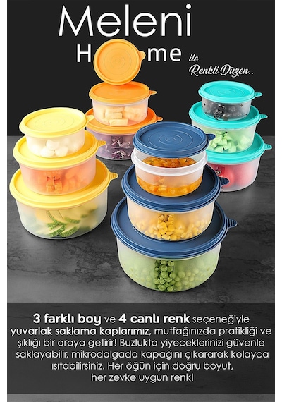 Meleni Home Organizer Düzenleyici Erzak Kabı Yuvarlak Gıda Saklama Kabı Seti Çok Renkli 6 x 1200 ML Çok Renkli