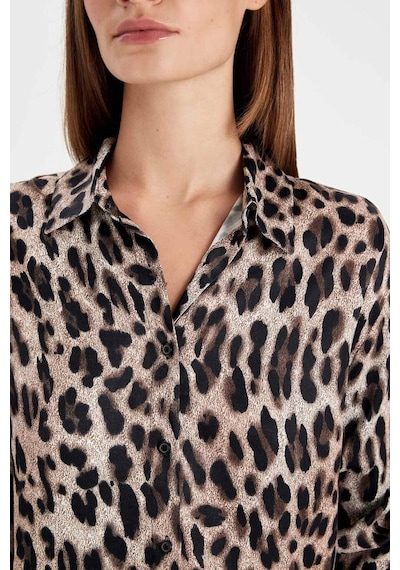 Defacto Regular Fit Leopar Desenli Poplin Uzun Kollu Gömlek D3148AX24AUBK81 Siyah