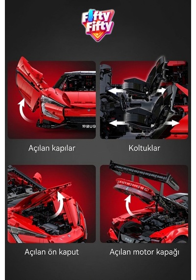 Cada 1:8 Yangwang U9 Supercar 3671 Parça Araba Yapım Seti Mobil Uygulama Destekli Kontrol C64011w
