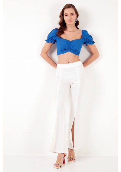 Lela Slim Fit Büzgü Detaylı Kalp Yaka Crop Bayan Bluz 5865601 Saks