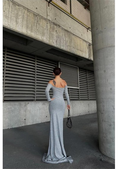 DefyModa Kadın Straplez Yırtmaçlı Balık Kesim Abiye Elbise Gri