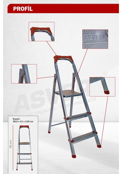 Asvera 2+1 Ev Tipi Pratik Profil Merdiven - Katlanabilir Sağlam Çelik Perde Ve Temizlik Merdiveni