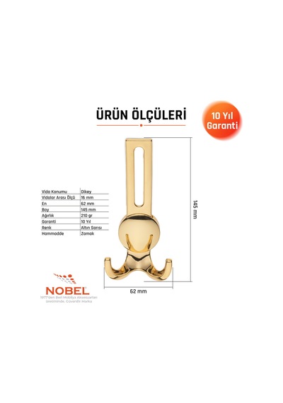 Solo Lüks Portmanto Askı, Metal, Vestiyer Askı, 210 Gr, Dolap Askılık, Duvar Askılığı, Altın Sarısı Vidalı 5 Adet