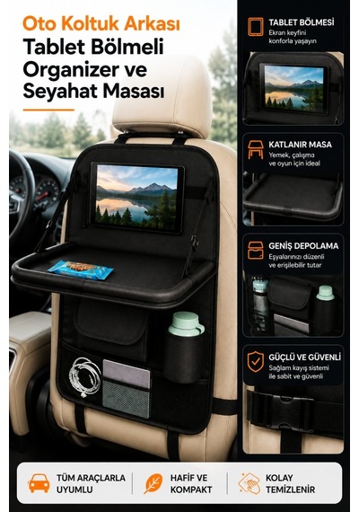 Polham Oto Koltuk Arkası Tablet Bölmeli Organizer, Katlanabilir Seyahat Masası, Çok Bölmeli Araç İçi Düzenleyici