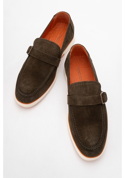 Dericlub Erkek Hafif Tabanlı Toka Detaylı Loafer Gerçek Süet Deri Cr 2406 Haki