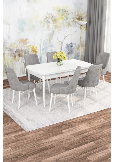 Zümra Serisi, Beyaz 80x132 Açılabilir Mdf Mutfak Masası Takımı 6 Adet Sandalye Gri