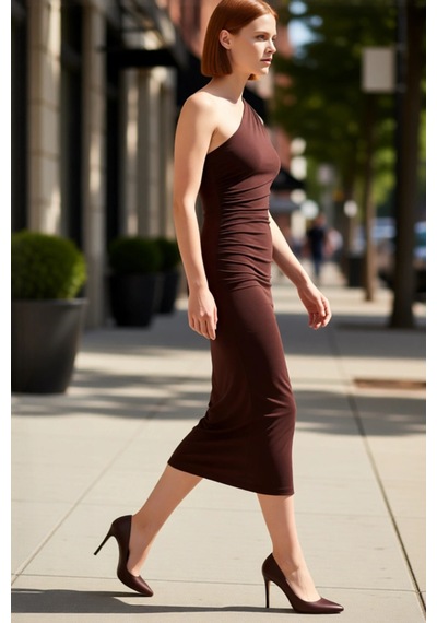 Ersefa Bodycon Midi Elbise Kolsuz Tek Omuz Örme Kumaş Günlük Şık Dayanık Kahverengi