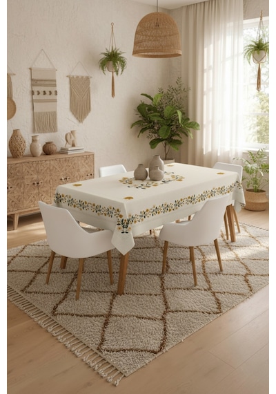 Vivanni Home Yıkanabilir Dikdörtgen Masa Örtüsü Günlük Kullanıma Uygun Pratik Ve Uzun Ömürlü Papatya Beyaz