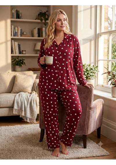 Büyük Beden Uzun Kollu Boydan Düğmeli Milan Pijama Takımı 8617 Bordo