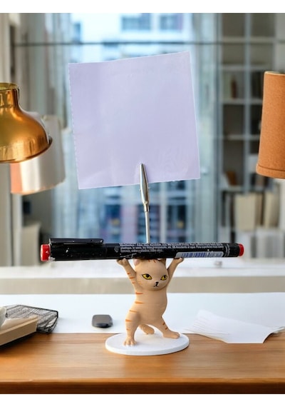 Turuncu Çizgili Kalem Tutabilen Dansçı Kedi Fotoğraf Not Tutacağı Ofis Masası Hediyelik Turuncu