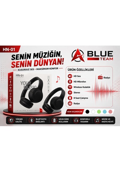 Hn01 Siyah Kafa Üstü Bluetooth Kulaklık