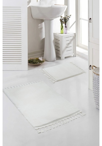 Vl Yıkanabilir Premium Ponpon Saçaklı Kaymaz Taban Post Peluş Banyo Paspası 2'li Takım Antrasit Ekru