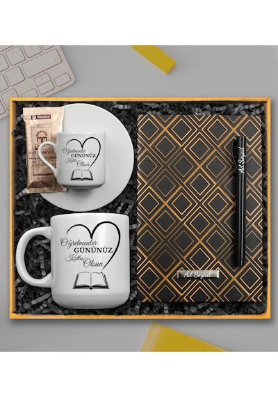 Kişiye Özel Öğretmenler Günü Hediye Seti Oval Kupa & Türk Kahve Fincanı & Gold Defter & Roller Kalem & Kahve