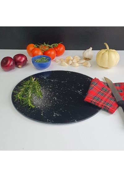Decorita Cam Kesme Tahtası | Siyah Mermer Görünümlü | Çap32cm