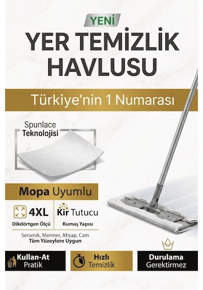 50 Yaprak 4xl Büyük Boy Mandallı Mop Uyumlu Islak Yer Temizlik Havlusu - Kullan At Bez Beyaz