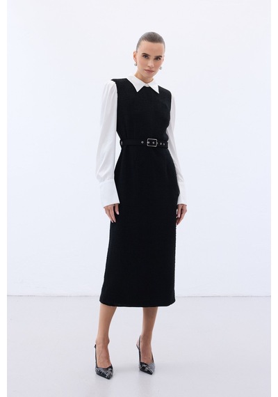 Sateen Kemerli Tüvit Elbise - Siyah-136575 Siyah