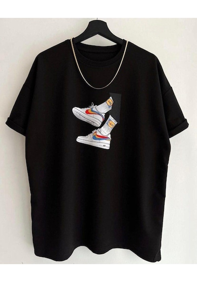 Flood Of Style Erkek Siyah Ayakkabı Baskılı Oversize Bisiklet Yaka Penye Tişört
