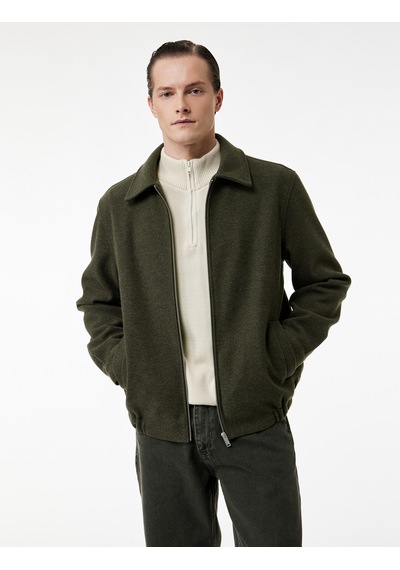 Koton Regular Fit Cepli Gömlek Yaka Fermuarlı Kaşe Ceket Haki 6wam20058hk