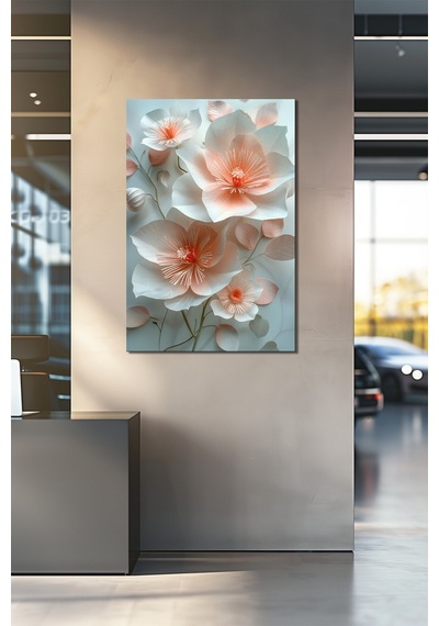 Çiçek Baskılı Cam Tablo Pastel Tonlu Zarif Floral Dekoratif Duvar Tablosu