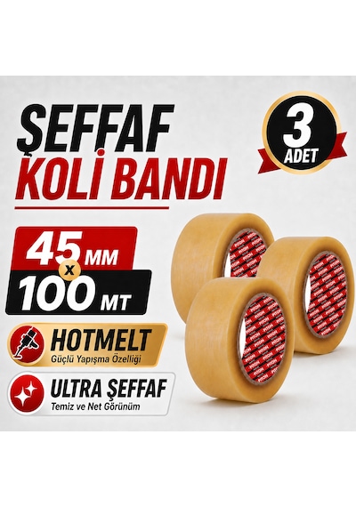 Sanplaza Şeffaf Hotmelt Koli Bandı 45 Mm X 100 Mt Güçlü Yapışkanlı Paketleme Ambalaj Bandı 3 Adet