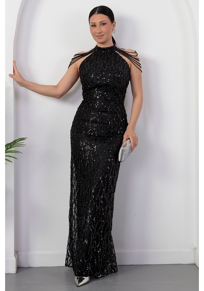 Kalopya Halter Yaka Boncuklu Tül Elbise Dns2227 Siyah