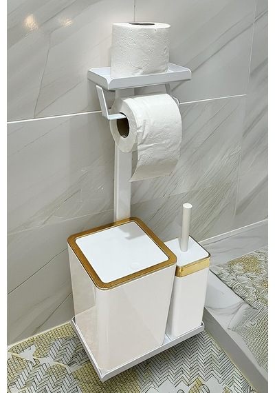 3'ü 1 Arada Banyo Seti Tuvalet Kağıtlık, Çöp Kovası Ve Tuvalet Fırça Takımı Gold Beyaz Diğer