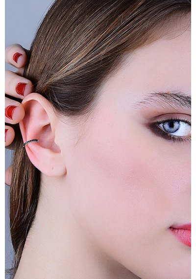 Gümüş Rodyumlu Siyah Taşlı Sıkıştırmalı Kıkırdak Küpe Ear Cuff