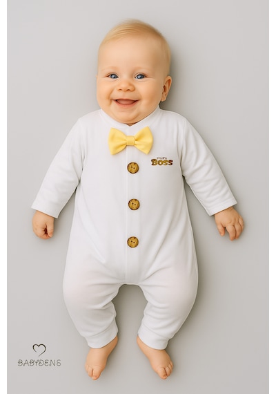 Babyden's Mini Boss Papyonlu Erkek Bebek Tulum Düğmeli Tasarım, Uzun Kollu Yenidoğan Tulumu Sarı