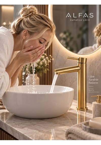 Alfas Mat Gold Çanak Lavabo Bataryası Fırçalı Altın 304 Paslanmaz Çelik Banyo Bataryası Sıcak Soğuk