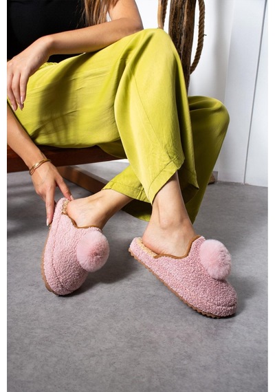 Moda Devrin Pudra Ponpon Kışlık Kadın Terlik