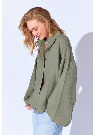 Manche Haki Kolları Salaş Yıkamalı Müslin Oversize Rahat Kalıp Kadın Basic Gömlek Mks166881-01 Manche Haki Kolları Salaş Yıkamalı Müslin Oversize Rahat Kalıp Kadın Basic Gömlek Mks166881-01