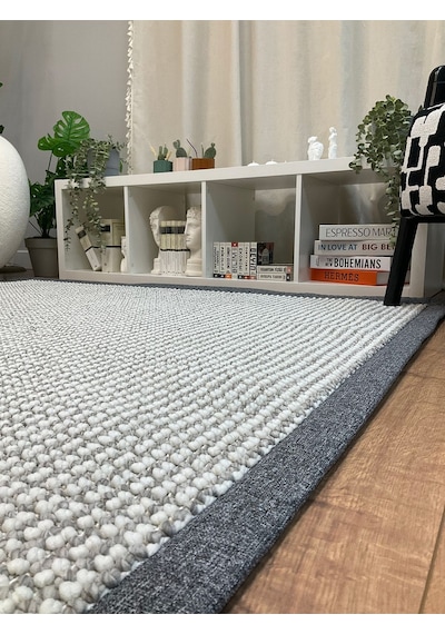 Saraz Halı Kumaş Bordür Bej Bukle Siyah Bordür Halı Salon Koridor Mutfak Çocuk Odası Halısı Kilim S263 Gri