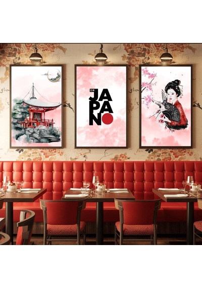 Besay Uzak Doğu Esintisi Salon Ve Ofis Duvar Dekorasyonu Japon Kültürü Pop Art Kadın Posteri 3'lü Set A2 Çerçevesiz